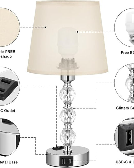 Acaxin Bedside Lamps for Bedrooms Set of 2 Nightstand- Crystal Table Lamps with USB C+A Ports & AC Outlet for Charging, 3 Way Dimmable Touch Silver Small Bed Side Lamp for Living Room/Guest Room - LeafyLoom