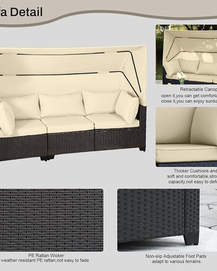 6 PCS Outdoor Patio Furniture Set,Sectional Sofa Set,Rattan Daybed with Retractable Canopy,Adjustable Backrest,Storage Coffee Table,Chaise Chair Sunbed for Porch Garden Poolside Backyard(Beige) - LeafyLoom