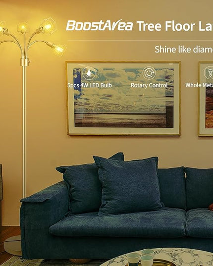 Gold Floor Lamp,Industrial Floor Lamps for Living Room,Tree Standing Lamp Bright with 5 Charm Diamond Head 2000 Lumens LED Bulbs,3 Way Switch,Modern Stand up Lamp for Bedroom Office Farmhouse - LeafyLoom