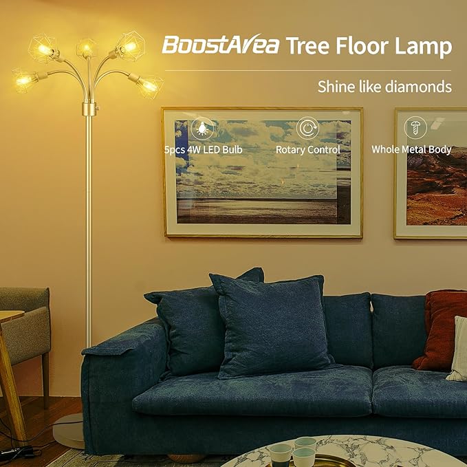 Gold Floor Lamp,Industrial Floor Lamps for Living Room,Tree Standing Lamp Bright with 5 Charm Diamond Head 2000 Lumens LED Bulbs,3 Way Switch,Modern Stand up Lamp for Bedroom Office Farmhouse - LeafyLoom