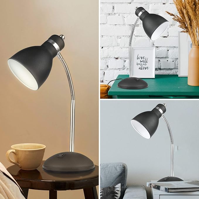 Desk Lamp with Flexible Gooseneck, Metal Table Lamp with 4W LED Bulb, Adjustable Eye-Care Reading Lamp for Bedside Reading, Studying, Computer and Hobbies (Sand Black) - LeafyLoom