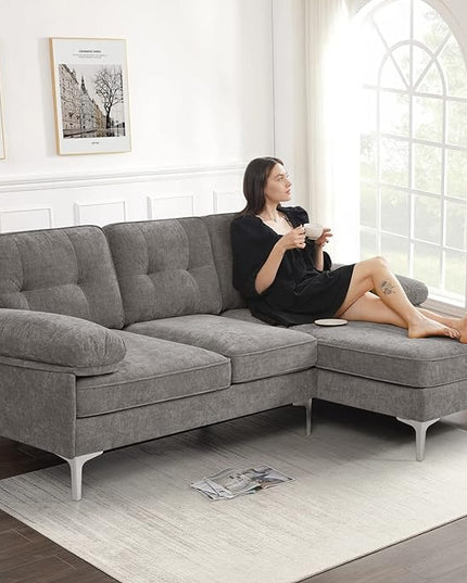 EASELAND 82" L-Shape Sofa with Reversible Chaise Lounge, Convertible Sectional Sofa Couch, Chenille Modern Sofa Couch for Living Room, Apartment and Office, Removable Cover (Grey) - LeafyLoom