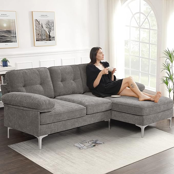 EASELAND 82" L-Shape Sofa with Reversible Chaise Lounge, Convertible Sectional Sofa Couch, Chenille Modern Sofa Couch for Living Room, Apartment and Office, Removable Cover (Grey) - LeafyLoom
