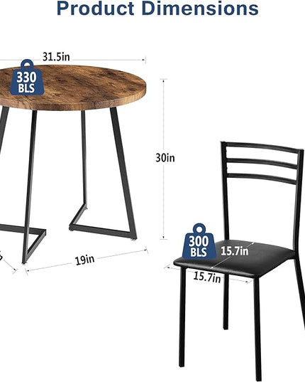 VECELO Round Kitchen Table with 2 Upholstered Chairs, 3-Piece Wood Dinette Sets with Steel Frame for Breakfast Nook, Dining Room, and Small Space, Antique Brown - LeafyLoom