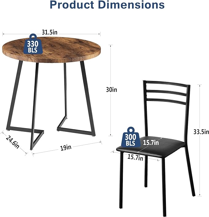 VECELO Round Kitchen Table with 2 Upholstered Chairs, 3-Piece Wood Dinette Sets with Steel Frame for Breakfast Nook, Dining Room, and Small Space, Antique Brown - LeafyLoom