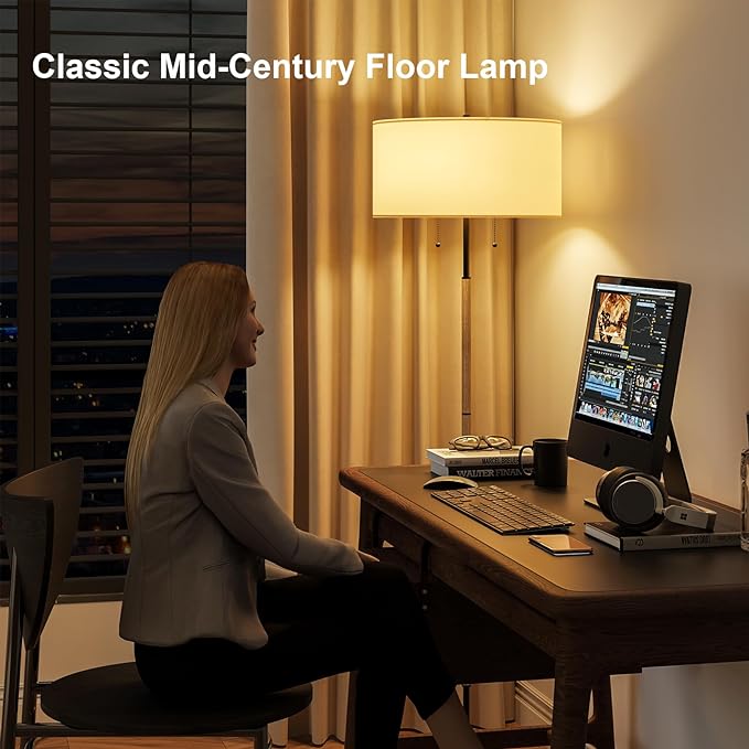2-Light Floor Lamp, Mid Century Floor Lamp with White Fabric Shade, Standing Lamp Tall Lamp for Living Room Bedroom, 3 Color Temperatures 9W Bulb Include - LeafyLoom