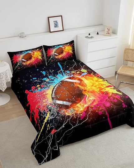 Erosebridal Football Comforter Set for Teen Boys Kids Hippie Tie Dye Sports Football Bedding Sets Rugby Bed Quilt Set King Size 1 Comforter and 2 Pillow Cases Colorful Sport Theme Bedroom Decor - LeafyLoom