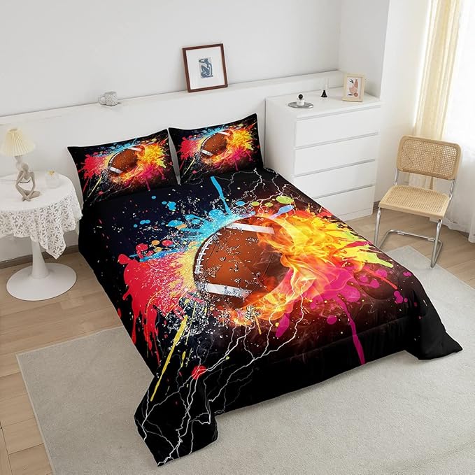 Erosebridal Football Comforter Set for Teen Boys Kids Hippie Tie Dye Sports Football Bedding Sets Rugby Bed Quilt Set Queen Size 1 Comforter and 2 Pillow Cases Colorful Sport Theme Bedroom Decor - LeafyLoom
