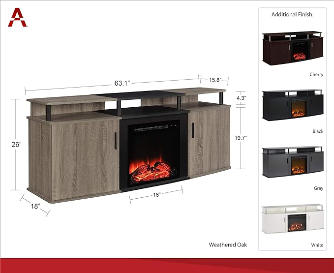 Ameriwood Home Carson Fireplace TV Stand for TVs up to 70 Inch, Replaceable Electric Fireplace Insert Heater, Realistic Log and Flame Effect, For Living Room or Bedroom, Black - LeafyLoom