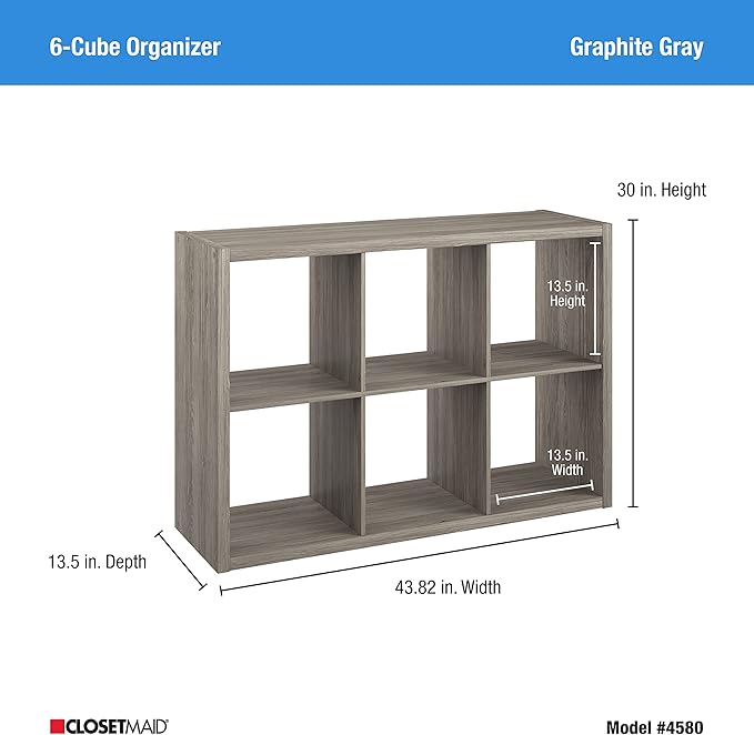 ClosetMaid Decorative 6 Cube Open Display Wood Laminate Versatile Storage Organizer for Indoor Home or Office Spaces, Graphite Gray - LeafyLoom