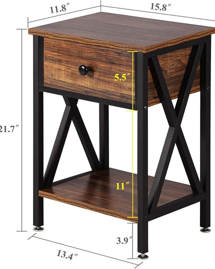 VECELO Modern Versatile Nightstands X-Design Side End Table Night Stand Storage Shelf with Bin Drawer for Living Room Bedroom, Brown+Black - LeafyLoom