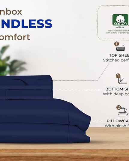 THREAD SPREAD 600 Thread Count Sheets Queen - 100% Egyptian Cotton Sheets Queen Size, 4 PC Luxury Sheets Queen Size, Soft, Cooling, Extra Long Staple 16" Deep Pocket Queen Bed Sheet Set - Navy Blue - LeafyLoom