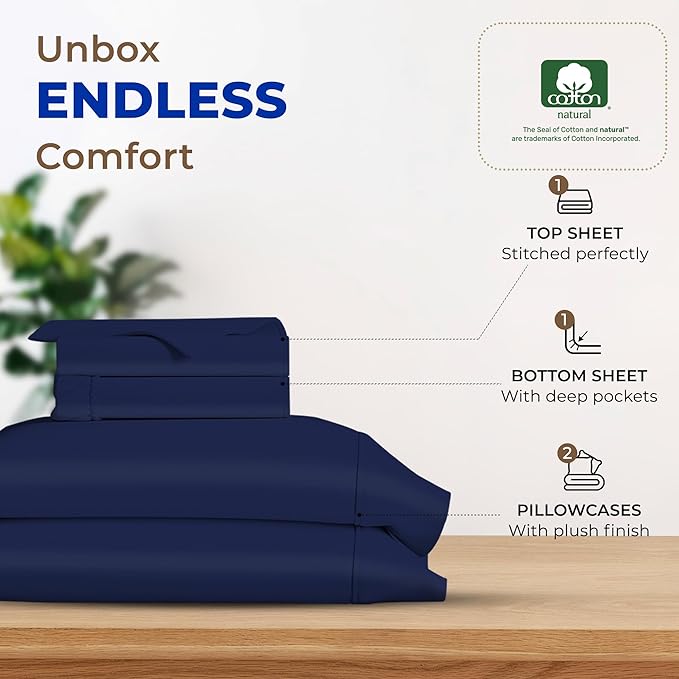 THREAD SPREAD 600 Thread Count Sheets Queen - 100% Egyptian Cotton Sheets Queen Size, 4 PC Luxury Sheets Queen Size, Soft, Cooling, Extra Long Staple 16" Deep Pocket Queen Bed Sheet Set - Navy Blue - LeafyLoom