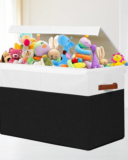Large Toy Storage Box with Lid, Sturdy Toys Storage Chest Bin Organizer Basket with Dividers for Kids, Boys, Girls, Nursery, Closet, Bedroom, Playroom 25"x13" x16" (Black and White) - LeafyLoom