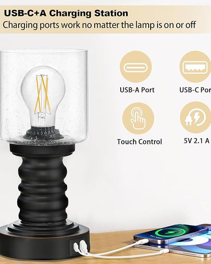 Industrial Table Lamp with Seeded Glass Shade, Small Table Lamp for Small Spaces, Touch Lamp with USB C and A Ports, Black Vintage Desk Lamp for Living Room, Bedroom, Den - LeafyLoom