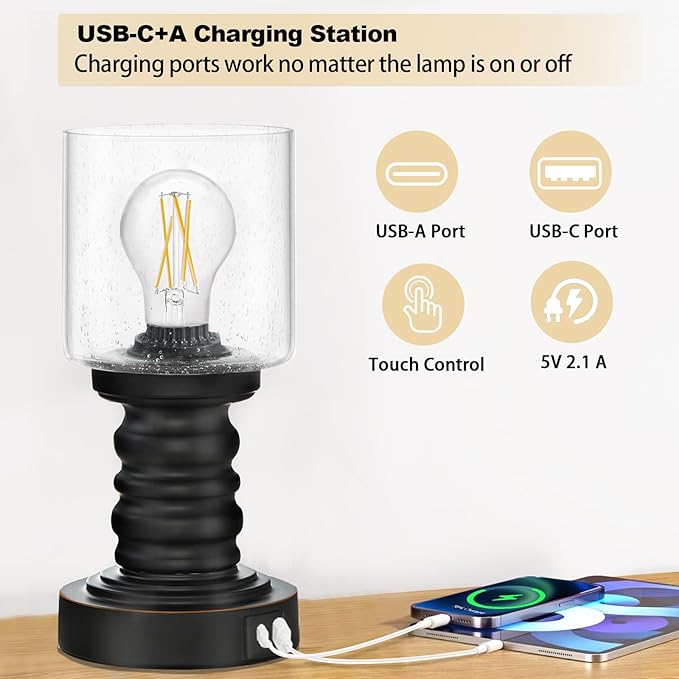 Industrial Table Lamp with Seeded Glass Shade, Small Table Lamp for Small Spaces, Touch Lamp with USB C and A Ports, Black Vintage Desk Lamp for Living Room, Bedroom, Den - LeafyLoom