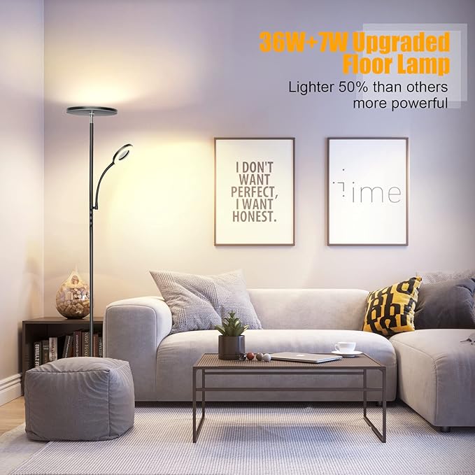 LED Floor Lamp, 4300LM 42W Bright Standing Lamp with Gooseneck Reading Light, 2700K-6500K Stepless Dimming Modern Torchiere Lamp with Remote/Touch Control, 69" Tall Lamp for Living Room Bedroom Office - LeafyLoom