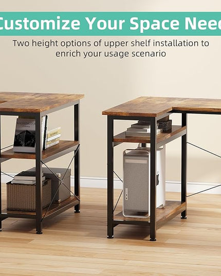 COTUBLR L Shaped Computer Desk, 47 Inch Small Corner Desk with Storage Shelves, Computer Desk Table Laptop Table Writing Desk Study Table for Home Office Workstation Small Spaces (Rustic Brown) - LeafyLoom