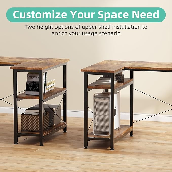 COTUBLR L Shaped Computer Desk, 47 Inch Small Corner Desk with Storage Shelves, Computer Desk Table Laptop Table Writing Desk Study Table for Home Office Workstation Small Spaces (Rustic Brown) - LeafyLoom