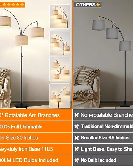 Dimmable Floor Lamp - 3 Lights Arc Floor Lamps for Living Room, 1000LM Modern Tall Standing Lamp with Beige Shades & Heavy Base, Mid Century Tree Floor Lamp for Bedroom Office, 3 LED Bulbs Included - LeafyLoom