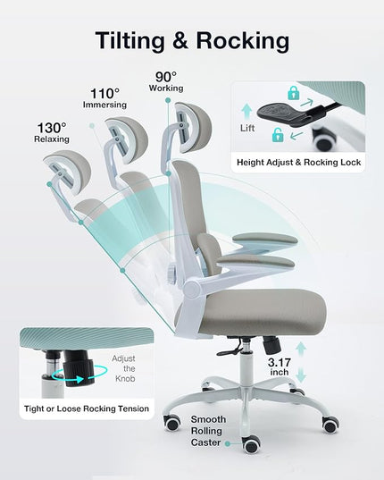 Ergonomic Office Chair with Tilt-Lock, Home Office Desk Chair with Auto Lumbar Support, High Back Mesh Desk Chair with Adjustable Headrest, Swivel Task Chair or Study Room Bedroom,Light Gray - LeafyLoom