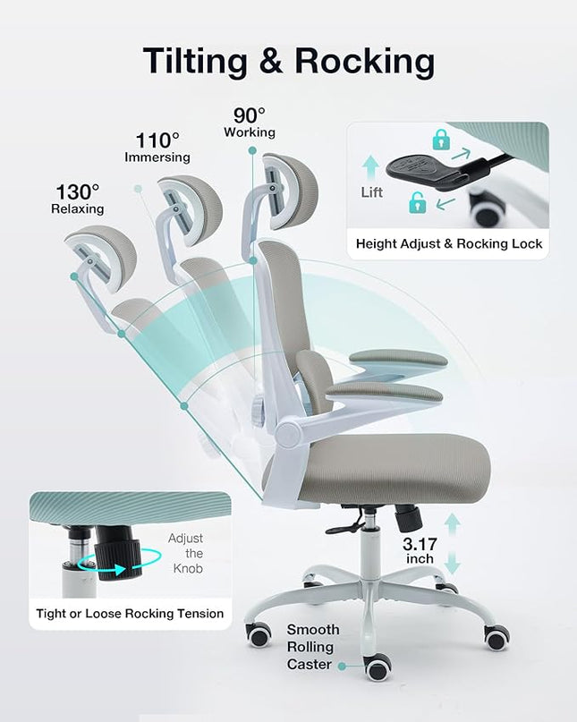 Ergonomic Office Chair with Tilt-Lock, Home Office Desk Chair with Auto Lumbar Support, High Back Mesh Desk Chair with Adjustable Headrest, Swivel Task Chair or Study Room Bedroom,Light Gray - LeafyLoom