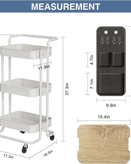 DTK 3 Tier Metal Utility Rolling Cart with Table Top and Side Bags, Metal Tray Storage Organizer Cart with Wheels, Art Craft Cart with 4 Hooks for Kitchen Bathroom Office Living Room (White) - LeafyLoom