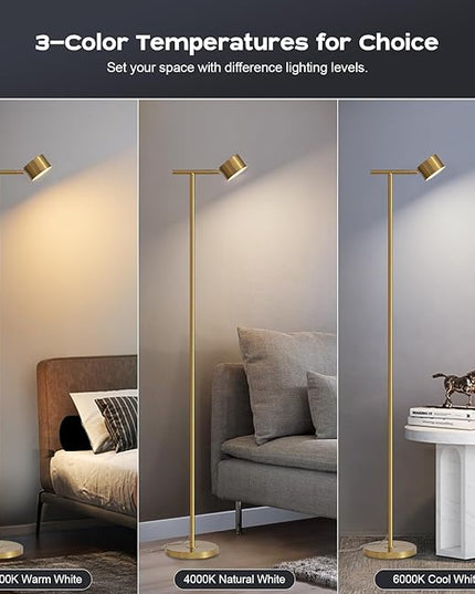 Floor Lamp for bedroom, 3 Color Temperatures Minimalist Floor Lamp with Flexible Lamp Cap, Modern Gold Floor Lamps for Living Room Bright, Simple Standing Lamp for Office Reading Working - LeafyLoom