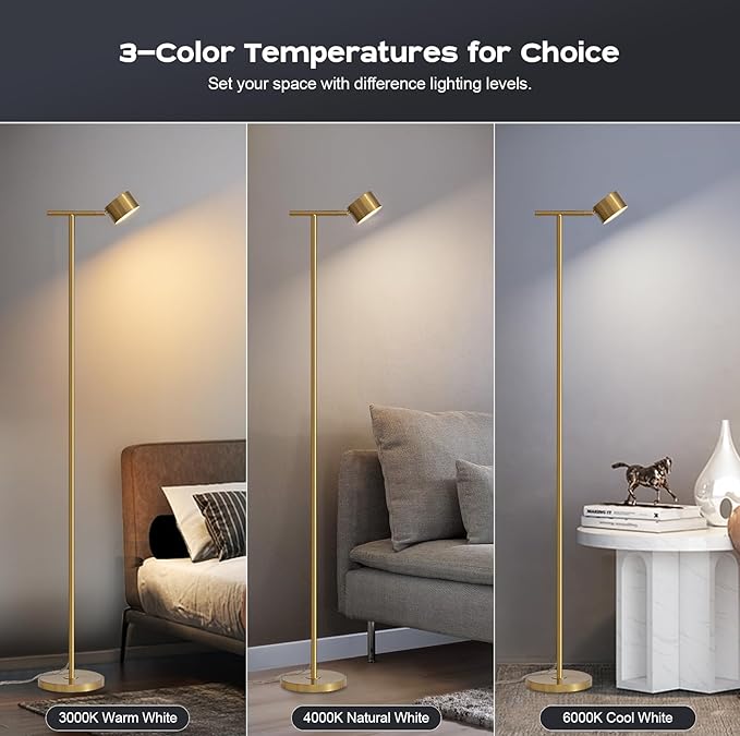 Floor Lamp for bedroom, 3 Color Temperatures Minimalist Floor Lamp with Flexible Lamp Cap, Modern Gold Floor Lamps for Living Room Bright, Simple Standing Lamp for Office Reading Working - LeafyLoom