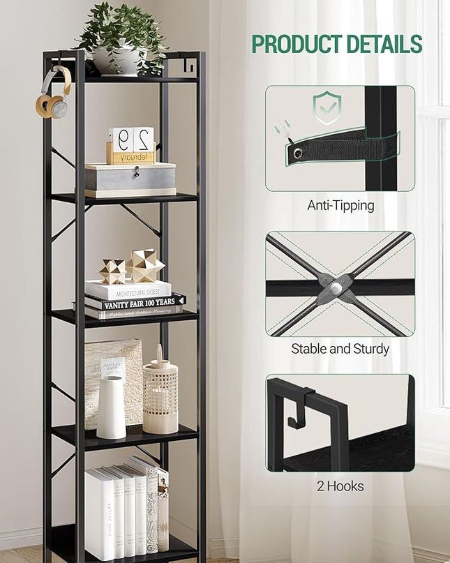 Bookshelf, Book Shelf, Industrial Bookcase with 2 Hooks, Coner Shelf Storage Organizer for Home Office, Living Room, Bedroom, Kitchen, 5-Tier Black BC10504B - LeafyLoom