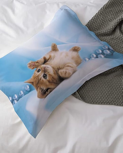 Cat Comforter Set Queen Size for Kids Blue Cat 3Pcs Bedding Set for boys and Girls (1Summer Comforter+ 2 Pillowcases) Lovely Animal Pets Duvet Set - LeafyLoom