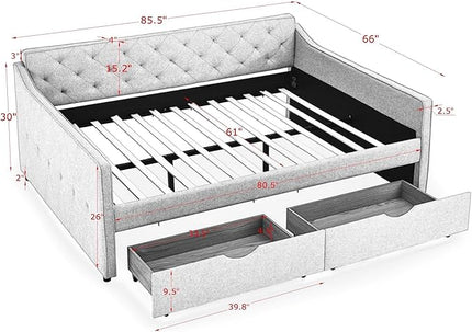 Queen Size Upholstered Daybed with Two Storage Drawers, Tufted Sofa Bed w/Waved Shape Arms, for Bedroom Living Room, No Box Spring Needed & Space-Saving Design, Grey - LeafyLoom