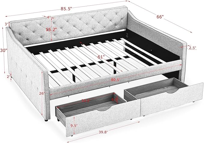 Queen Size Upholstered Daybed with Two Storage Drawers, Tufted Sofa Bed w/Waved Shape Arms, for Bedroom Living Room, No Box Spring Needed & Space-Saving Design, Grey - LeafyLoom