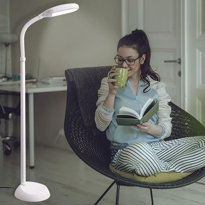 Bright LED Floor Lamp with HI-Off-Low Switch 2-Level Brightness 12W 63 Inches Tall for Living Room & Bedroom Reading, Repair, Crafts, Sewing etc. (White) - LeafyLoom