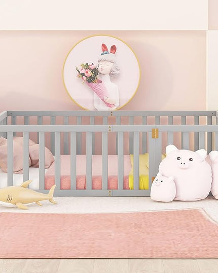 Full Size Wood Floor Bed Frame with Fence, Montessori Floor Bed w/Door, Kids Noise Free Beds, No Box Spring Needed, Easy Assembly, for Children, Toddlers, Gray - LeafyLoom