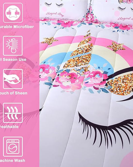 Unicorn Comforter Set 3pc Pink Flower Girl Unicorn Bedding Set for Teen Girls - LeafyLoom