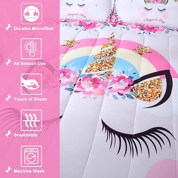 Unicorn Bedding Flower Girl Unicorn Comforter Set 3pc Soft Kid's Pink Unicorn Bedding Sets for Teen Girls - LeafyLoom