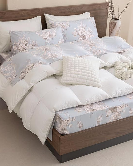 QSH Floral King Size Sheet Sets - 100% Egyptian Cotton Floral Bedding Sheets Blue Vintage Paisley Flower Pattern Printed Bedding King Size Bed Sheets 17.5" Extra Deep Pocket 4pcs - LeafyLoom