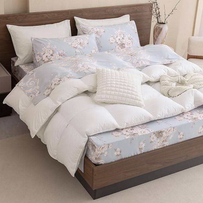 QSH Floral King Size Sheet Sets - 100% Egyptian Cotton Floral Bedding Sheets Blue Vintage Paisley Flower Pattern Printed Bedding King Size Bed Sheets 17.5" Extra Deep Pocket 4pcs - LeafyLoom