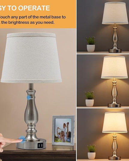 Lamps for Bedrooms Set of 2, Brushed Nickel Bedside Lamps with USB Ports, 3 Way Dimmable Nightstand Lamps with Fabric Lampshade, Touch Table Lamp for Living Room Bedroom Office, Bulbs Included - LeafyLoom