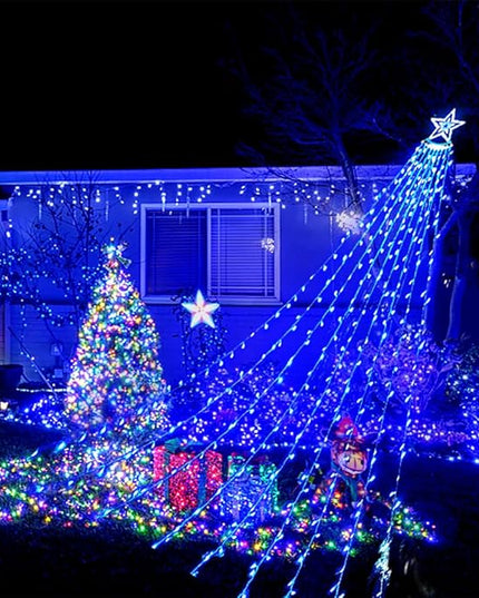 Aokudoni Christmas Lights Outdoor, 12.6FT 350 LED Blue Waterfall Lights Christmas Decorations, 8 Modes Christmas Lights for Tree, Outside Christmas Decorations for Yard Garden Patio Wall Porch Aokudoni