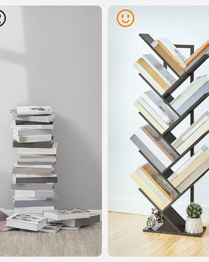 HOOBRO Tree Bookshelf, 9-Tier Bookcase Wooden Shelves, Floor Standing Storage Rack, for Display of CDs, Books in Living Room, Home Office, Wood Storage Rack for Bedroom, Black BB08SJ01G1 - LeafyLoom