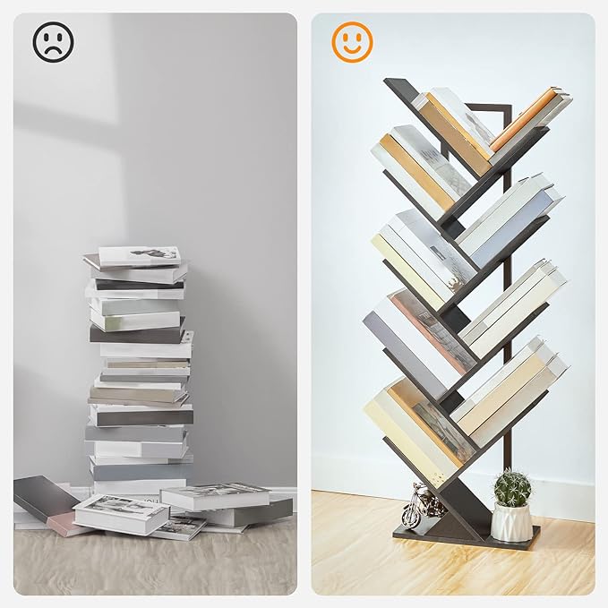 HOOBRO Tree Bookshelf, 9-Tier Bookcase Wooden Shelves, Floor Standing Storage Rack, for Display of CDs, Books in Living Room, Home Office, Wood Storage Rack for Bedroom, Black BB08SJ01G1 - LeafyLoom