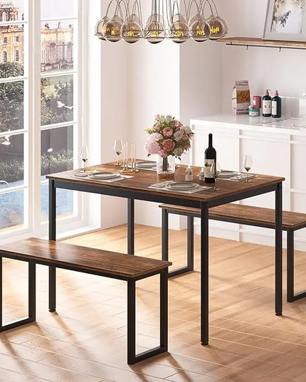 SogesHome Dining Table Set with 2-Benches, 3-Pices Dinning Set for Dining Room, 45’’ Lunch Table Set for Home, Kitchen, Living-Room, Restaurant, Vintage Brown - LeafyLoom
