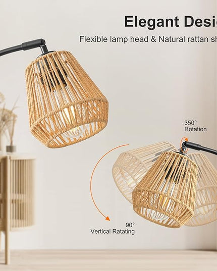 Boho Floor Lamp for Living Room, 72 Inch Tall Rattan Floor Lamp with Rotary Switch, 3-Lights Arched Floor Lamp with Rattan Shade for Coastal,Bohemian,Rustic ,Farmhouse Tree Standing Lamp for Bedroom - LeafyLoom