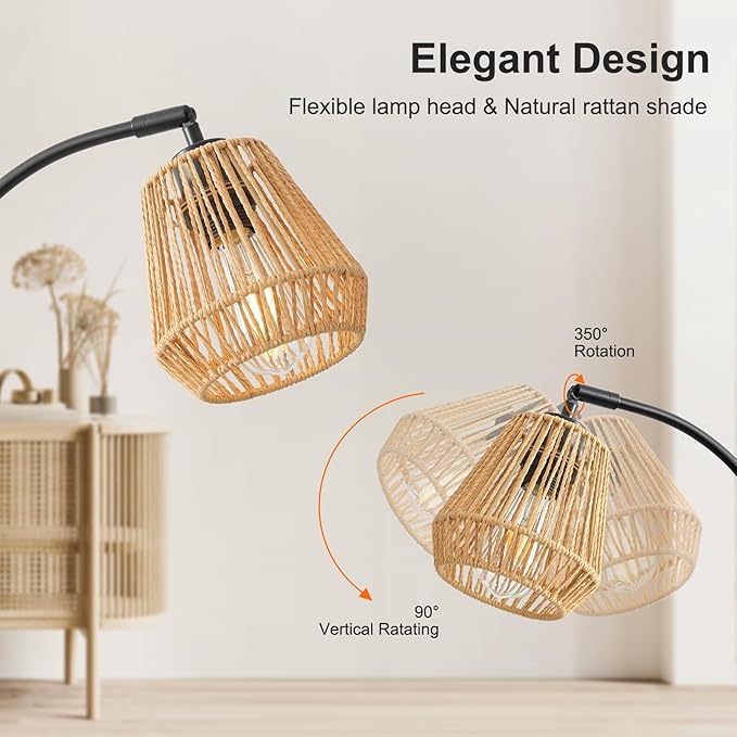Boho Floor Lamp for Living Room, 72 Inch Tall Rattan Floor Lamp with Rotary Switch, 3-Lights Arched Floor Lamp with Rattan Shade for Coastal,Bohemian,Rustic ,Farmhouse Tree Standing Lamp for Bedroom - LeafyLoom