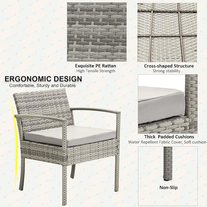 3 Pieces Patio Furniture Set, Balcony Furniture, Patio Bistro Set All-Weather Wicker Chairs Conversation Set with Cushions Table for Outdoor Backyard Porch Lawn (Grey-Grey) - LeafyLoom