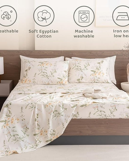 QSH Floral King Size Sheet Sets - 100% Egyptian Cotton Floral Bedding Sheets Yellow Green Leaves Flower Pattern Printed Bedding King Size Bed Sheets 17.5" Extra Deep Pocket 4pcs - LeafyLoom