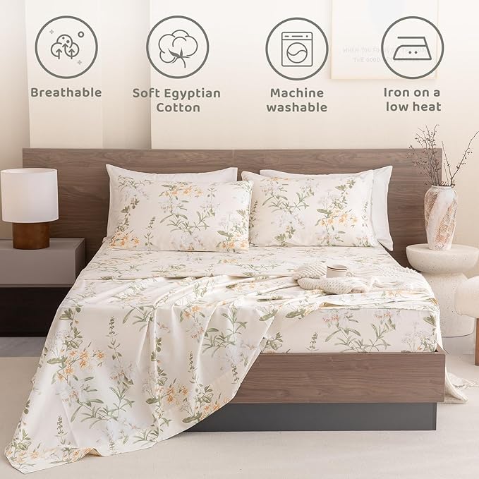 QSH Floral King Size Sheet Sets - 100% Egyptian Cotton Floral Bedding Sheets Yellow Green Leaves Flower Pattern Printed Bedding King Size Bed Sheets 17.5" Extra Deep Pocket 4pcs - LeafyLoom