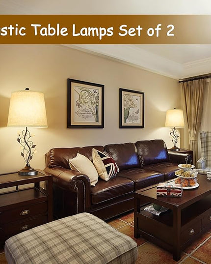 24.5in Farmhouse Table Lamps for Living Room Set of 2, Rustic Lamps for Bedroom with 2 USB Charging Ports, Traditional Bedside Lamps for Nightstand Retro Vine Leaf Lamps for End Table Reading - LeafyLoom